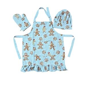 Cotton Child Apron with Gingerbread Print Chef Hat Hot Mitt Set of 3 One Size